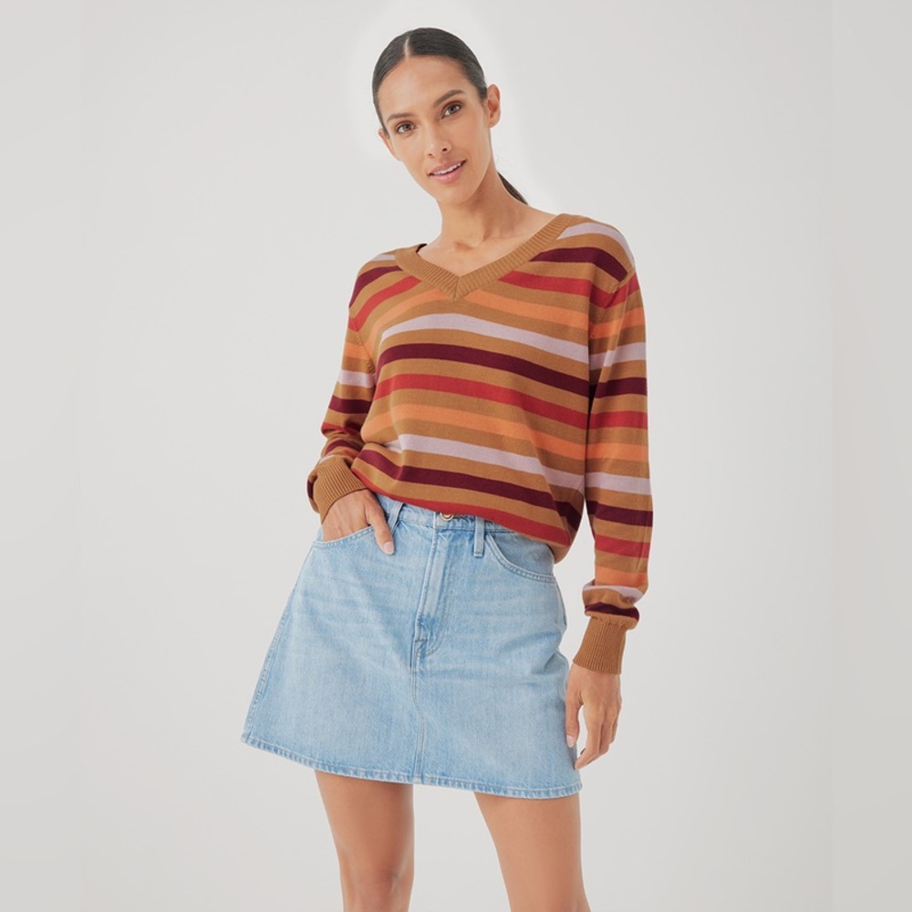 Pact V-Neck Striped Sweater in Rust Multicolor